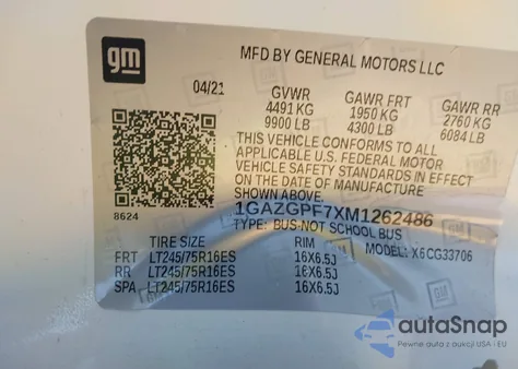 2021 Chevrolet Express Passenger Rwd 3500 Extended Wheelbase Lt z USA, uszkodzony, nr VIN 1GAZGPF7XM1262486